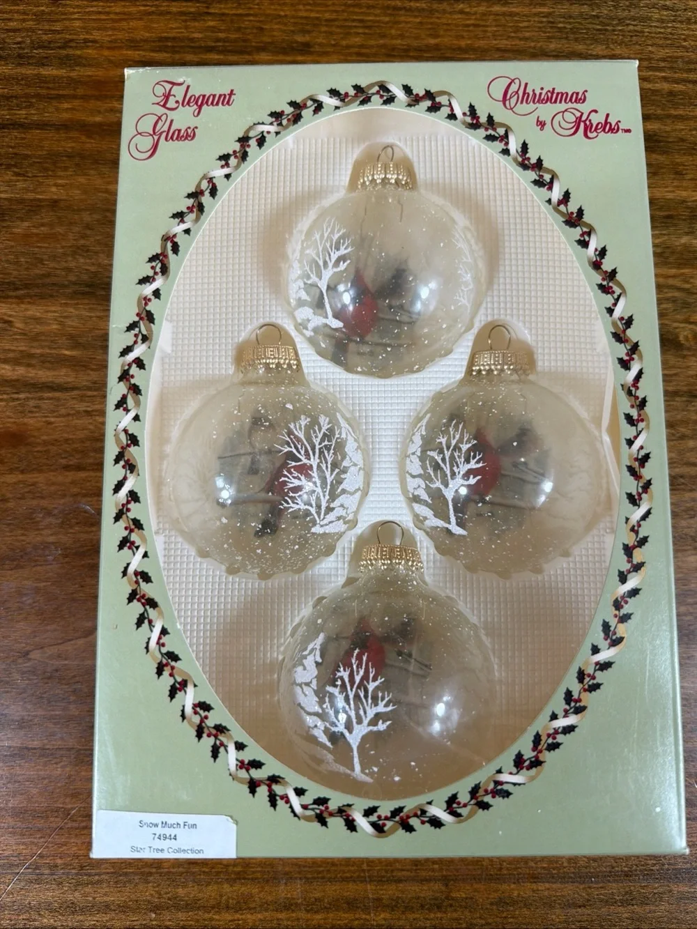 Clear Glass Holiday Ornaments with Red Cardinal and White Tree – Set of 4